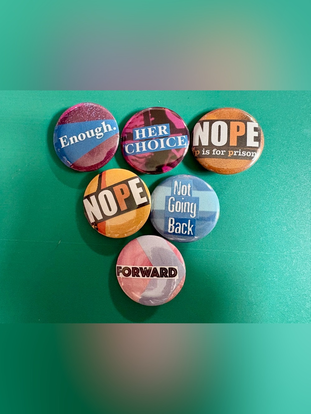Set of 6 activist 1.25” pins made by me unique collages